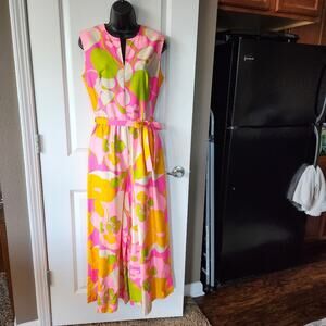 LELAND OF CALIFORNIA Vtg 60-70s  Psychedelic Floral Wide Leg Jumpsuit Womens S